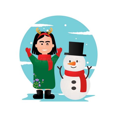 Illustration Cute Girl Wearing Christmas Headband With Snowman Stock