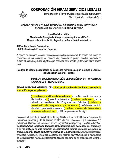 Modelo Solicitud ReducciÓn Pensiones Instituto De EducaciÓn Superior