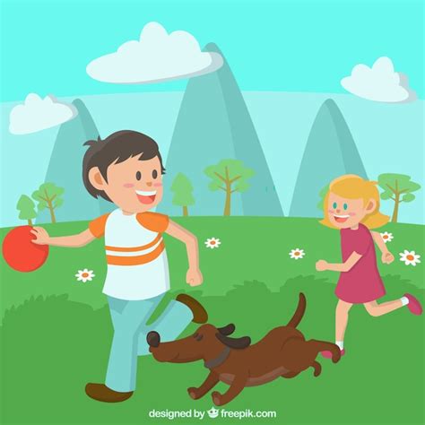 Niños Jugando Con Un Perro En Una Pradera Descargar Vectores Gratis
