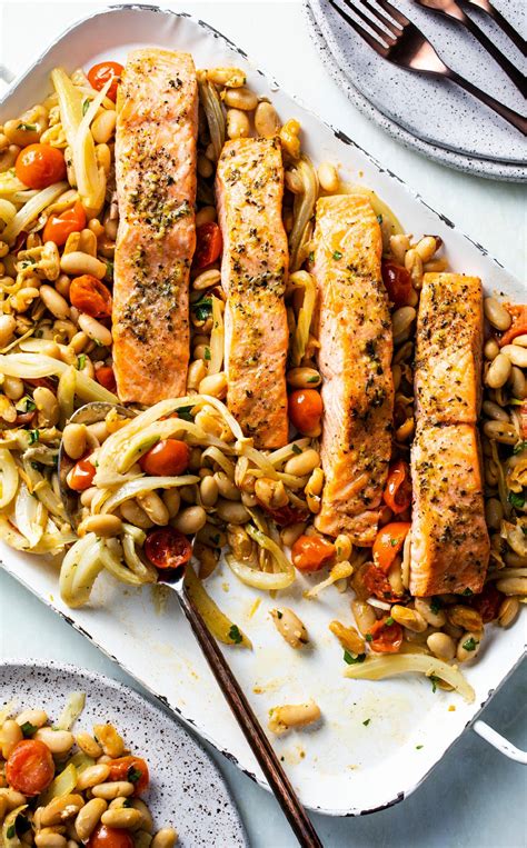 Don't leave the potatoes out, their purpose is to soak up the chicken fat so you don't smoke up the kitchen. One-Pan Roasted Salmon with White Beans, Fennel, and Tomatoes | Cook's Country | Recipe | Eating ...