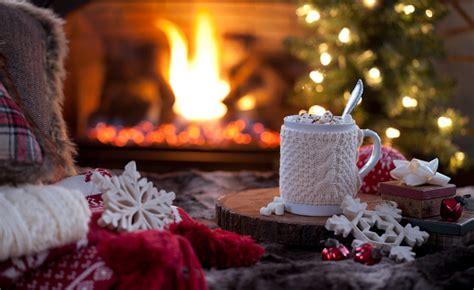 Christmas Cozy Hot Chocolate In Front Of The Fireplace Stock Photo