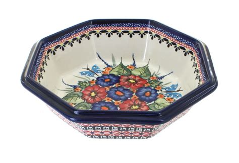 Blue Rose Polish Pottery Floral Butterfly Large Octagonal Bowl