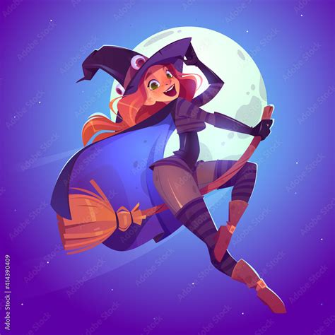 vecteur stock beautiful witch redhead woman in spooky hat flying on broom in night sky vector