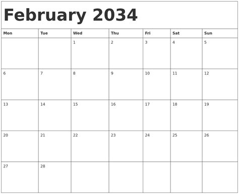 February 2034 Calendar Template