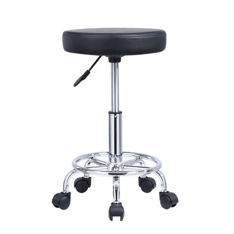 Kktoner Pu Leather Round Rolling Stool With Foot Rest Swivel Height Ad