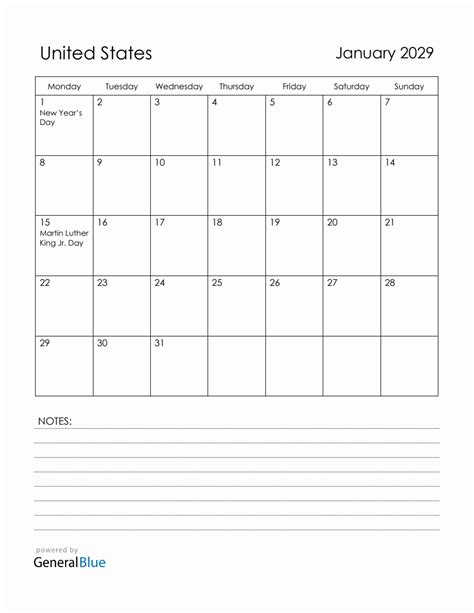 January 2029 United States Calendar With Holidays