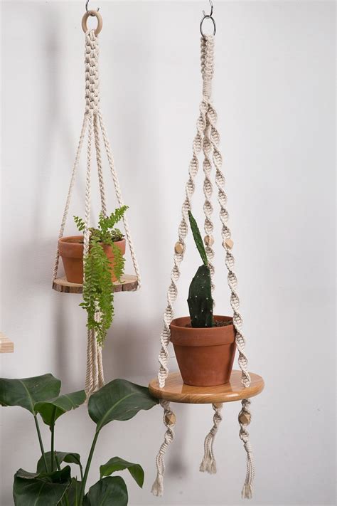 Macrame Plant Hangers With Wood Hanging Plant Shelf Long Etsy
