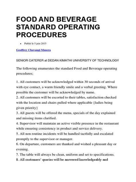 food and beverage standard operating procedures foodservice food and drink