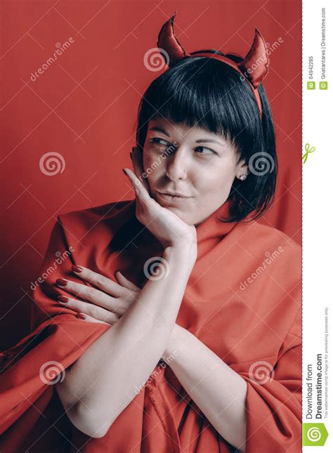 Pretty Brunette Woman With The Red Devil Horns Stock Image Image Of Black Costume 64942285