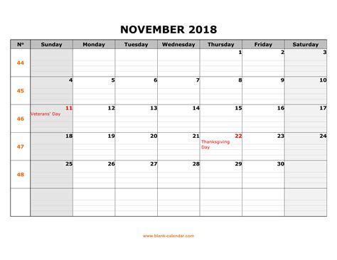 Free Download Printable November 2018 Calendar Large Box Grid Space
