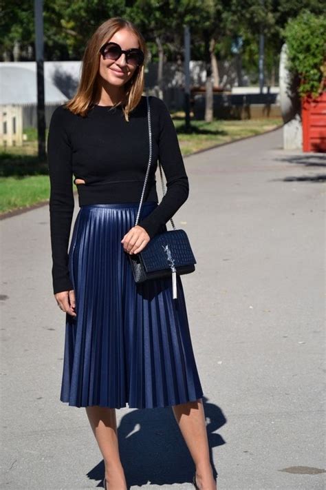 New Navy Blue Faux Leather Pleated Midi Length Women Skirt Skirts