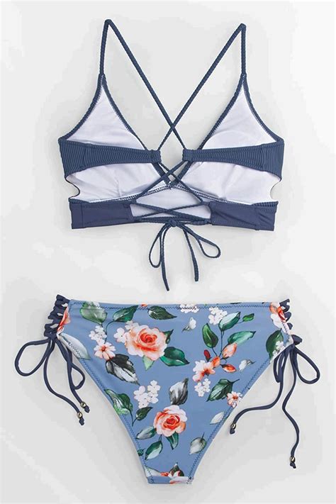 Cupshe Women S Blue Floral V Neck Lace Up Bikini X Small Blue Size 2 0 Tlhn Ebay