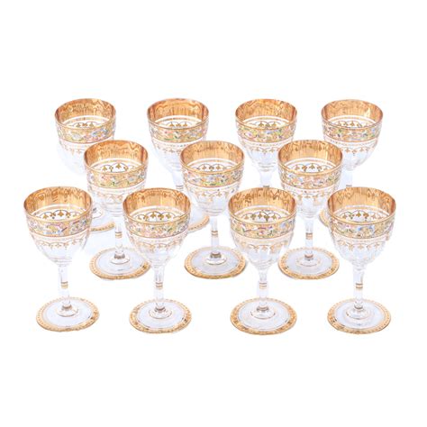 Lot Moser Set Of 13 Gilt And Hand Enameled Wine Cordial Glasses 4 H X 2 Diam At Rim