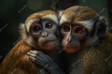 Premium Photo Two Monkeys Hugging Each Other In A Dark Forest