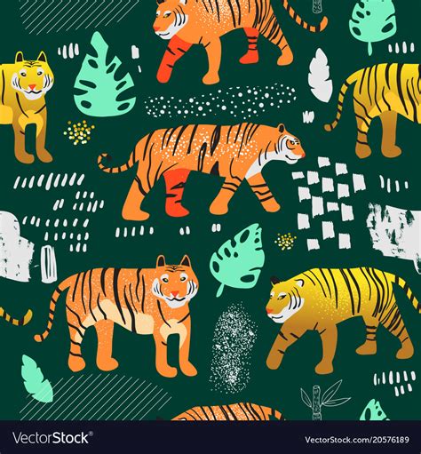 Seamless Pattern Cute Tigers Childish Background Vector Image