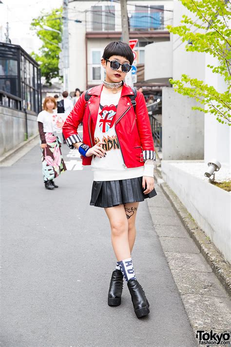Harajuku Girl In Hellcatpunks And Glad News W Biker Jacket Leather Skirt And Ankle Boots Tokyo