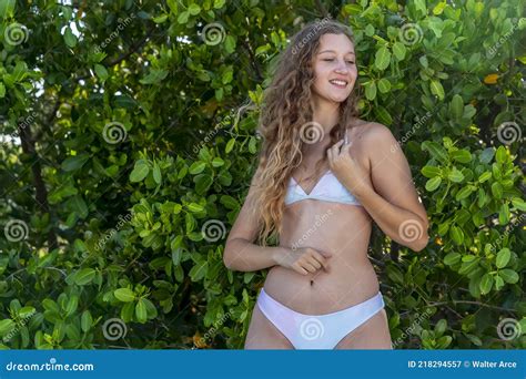 Lovely Blonde Bikini Model Posing Outdoors On A Caribbean Beach Stock Image Image Of Casual