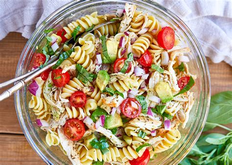 Healthy Chicken Pasta Salad With Avocado Tomato And Basil