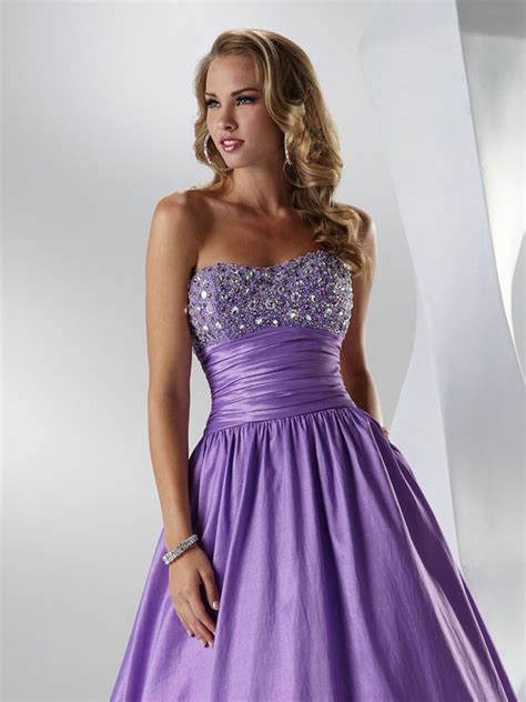 Purple A Line Strapless Sweetheart Low Back Floor Length Satin Prom