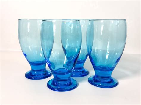Vintage Set 4 Aqua Blue Tumblers Blown Glass Drinking Glasses Retro Drinkware