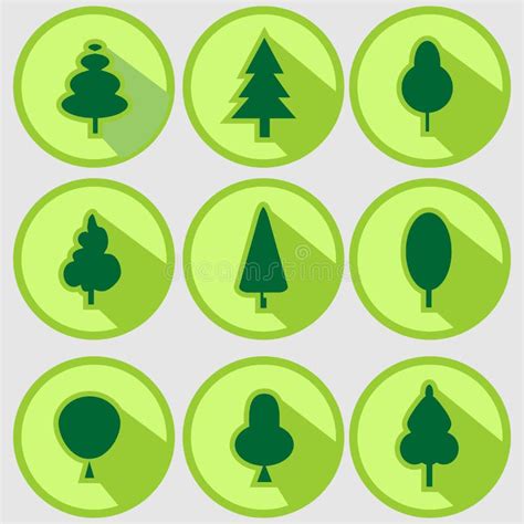 Set Of Green Trees Modern Circle Sign Shadows Icons Stock Vector