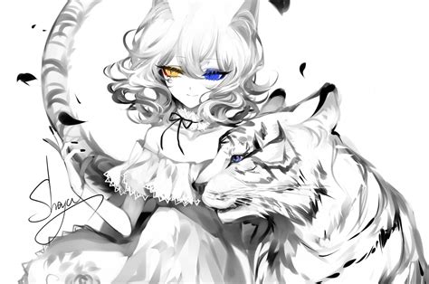 anime girl tiger black and white nekomimi heterochromia anime black and white 2560x1700