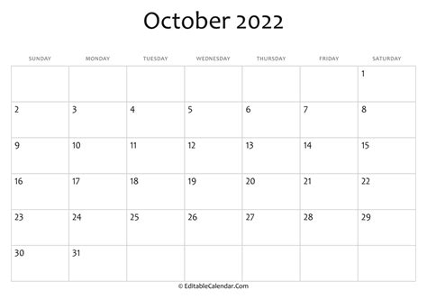 October 2022 Editable Calendar