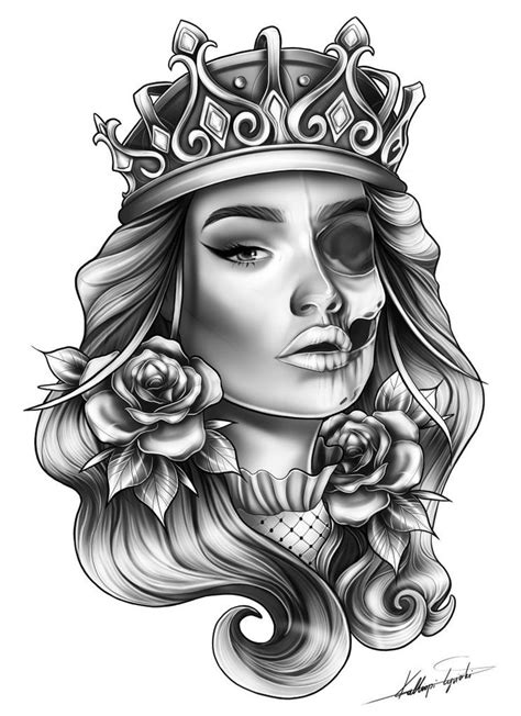 A Drawing Of A Woman With A Crown On Her Head And Roses In Her Hair