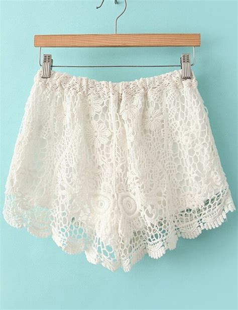 White Drawstring Waist Hollow Lace Shorts Sheinsheinside