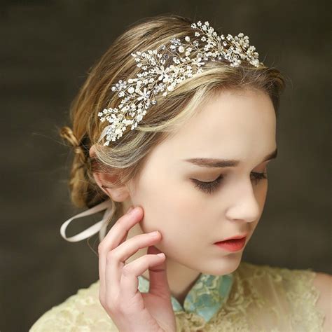 Dower Me Gold Flower Wedding Tiara Headband Tiny Pearls Bridal Hair