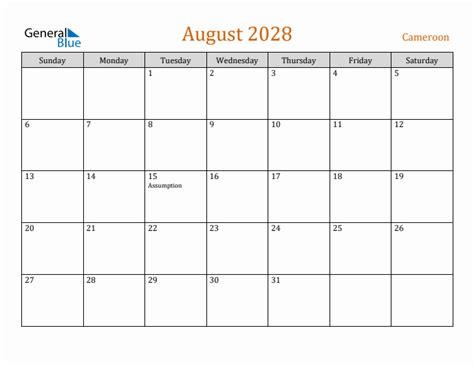 Free August 2028 Cameroon Calendar