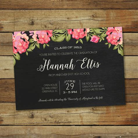 Floral Graduation Party Invitation Chalkboard Style Printable