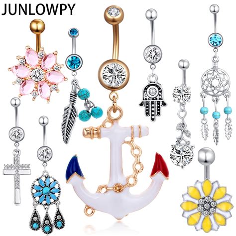 Junlowpy 1pcs Flower Woman Dangling Piercing Navel Belly Bar Body