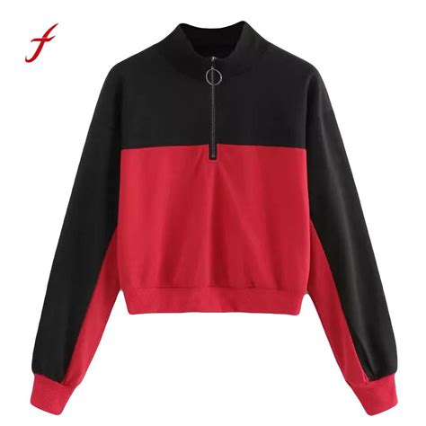 Feitong Autumn Women Sweatshirt Solid O Neck Patchwork Black Red
