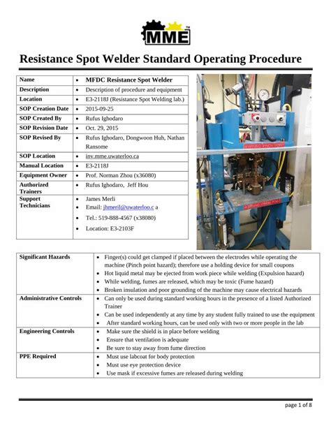 Pdf Resistance Spot Welder Standard Operating Procedure · Resistance