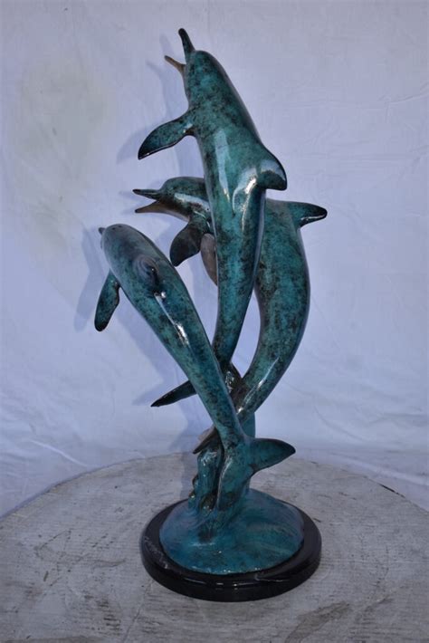 Three Dolphins Jumping Of The Ocean Bronze Statue On Marble 12 X 12 X
