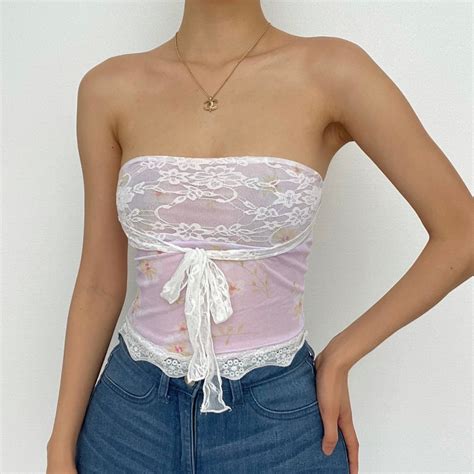 Sheer Mesh Lace Self Tie Front Floral Print Tube Top 2000s Fashion