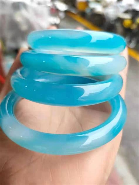 100 Natural Chalcedony Ice Sea Blue Bracelets Women Handcarved Jade