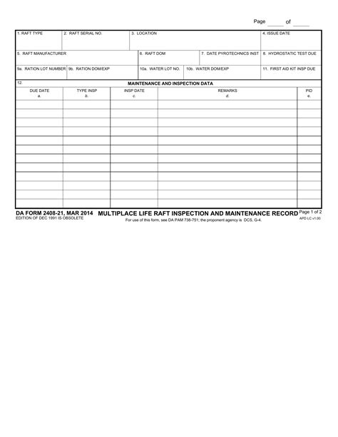 Da Form 2408 21 Multiplace Life Raft Inspection And Maintenance Record