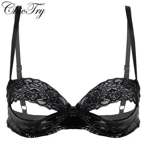 Sexy Lingerie Bras Tops For Womens Lace Splice Patent Leather Bra Open