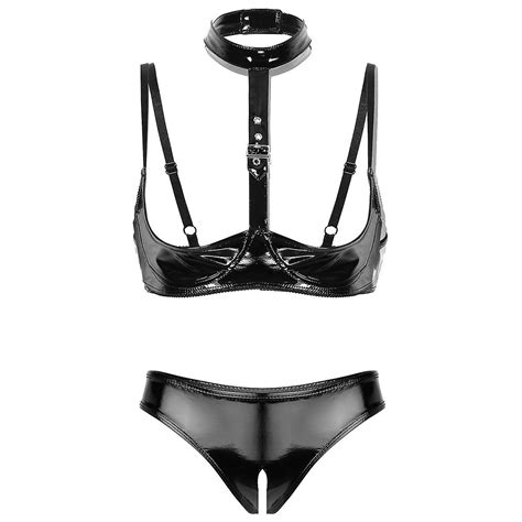 Women Wet Look Patent Leather Open Cups Shelf Bra Top Open Crotchless High Cut Erotic Briefs