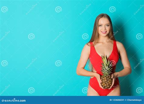 Beautiful Woman With Pineapple Wearing Bikini Stock Image Image Of Fashion Hair 123606031