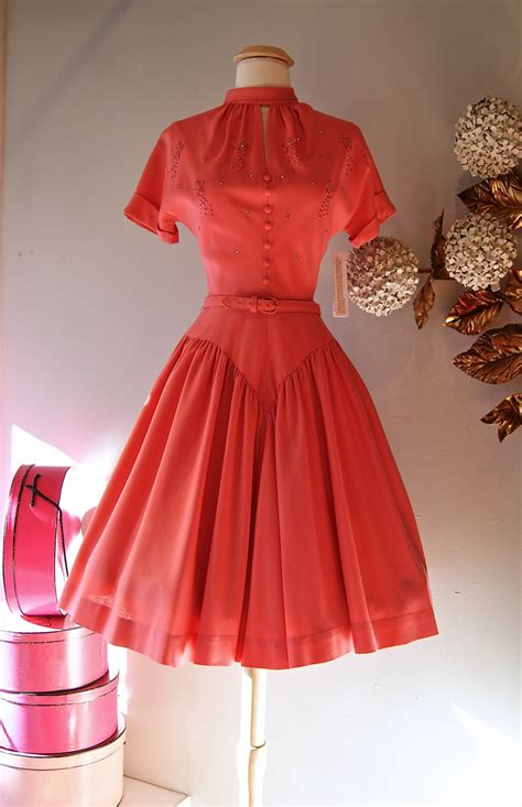 1950s Dress Vintage 50s Coral Cotton Party Dress With