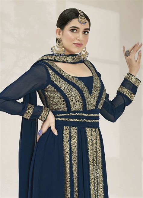 Blue Heavy Designer Sequance Embroidery Work Georgette Unstitched Crop Top And Long Lenght Jacket