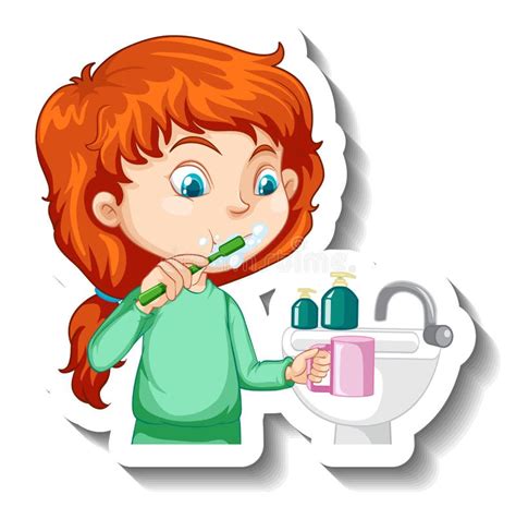 A Girl Brushing Teeth Cartoon Character Sticker Stock Vector