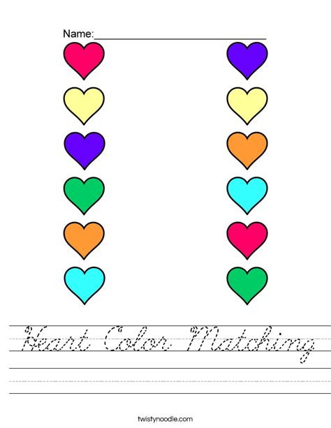 Heart Color Matching Worksheet Cursive Twisty Noodle