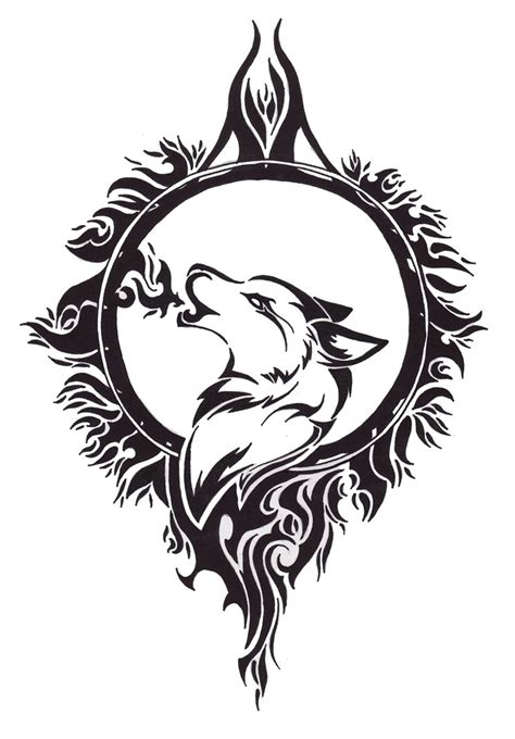 Tribal Moon And Wolf Head Tattoo Design