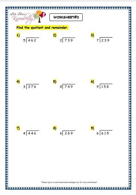 Learn and teach division with the help of this 3rd grade division game. Grade 3 Maths Worksheets: Division (6.4 Long Division With Remainder) - Lets Share Knowledge