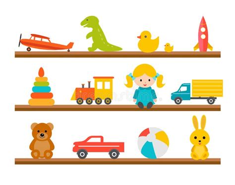 Children Toys On Wooden Shelves Icons Set Isolated On Background Stock