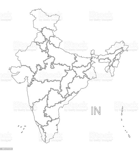 India Outline Silhouette Map Illustration With States